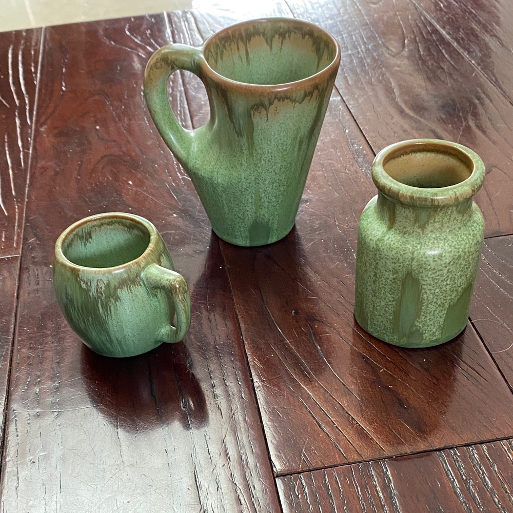 Huronia Pottery Canada 3 Piece Green Drip Glaze Set Mugs Jar